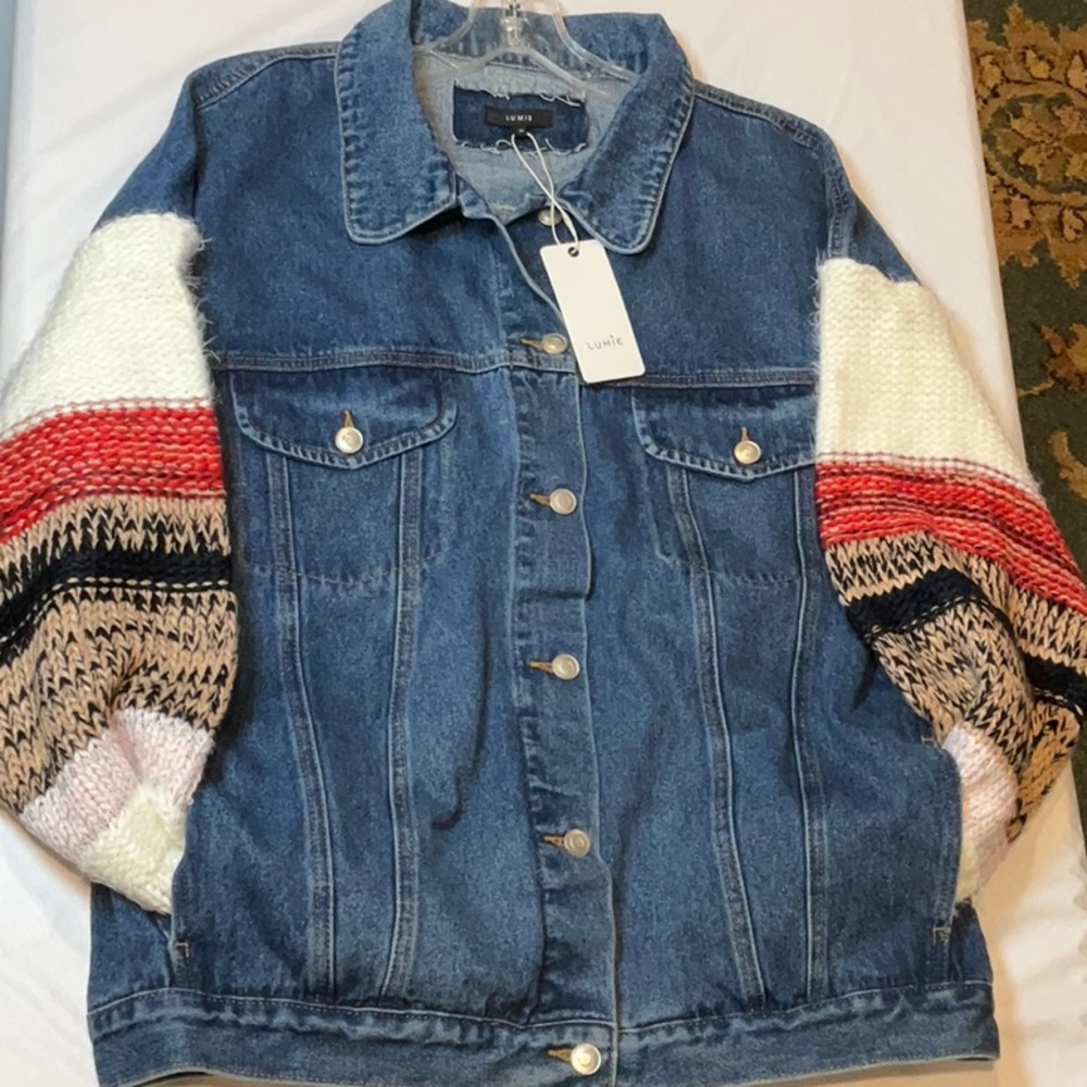 Luvie Blue Denim Jacket with Multi-Color Knit Sleeves - Picture 5 of 6